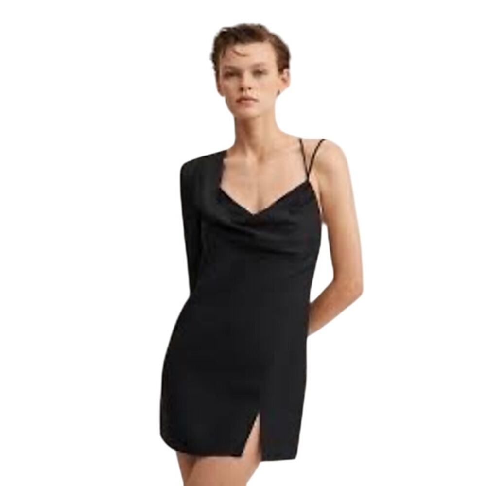 New MNG by MANGO Black One Sleeve Asymmetrical Neckline Mini Dress  Women's L